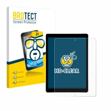 Parte frontal de un envase de producto con el logotipo de la marca BROTECT. Al lado se muestra el dispositivo Apple iPad Pro 1