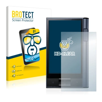 Parte frontal de un envase de producto con el logotipo de la marca BROTECT. Al lado se muestra el dispositivo Astell&Kern AK K