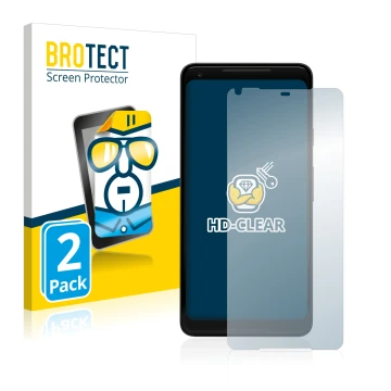 Parte frontal de un envase de producto con el logotipo de la marca BROTECT. Al lado se muestra el dispositivo Google Pixel 2 X