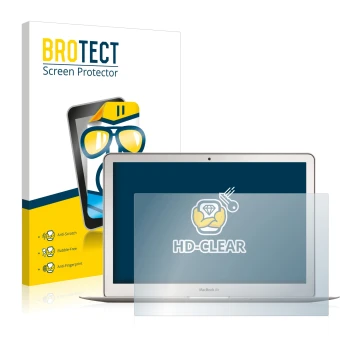 Parte frontal de un envase de producto con el logotipo de la marca BROTECT. Al lado se muestra el dispositivo Apple MacBook Ai