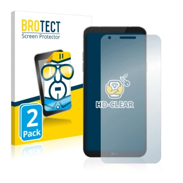 Parte frontal de un envase de producto con el logotipo de la marca BROTECT. Al lado se muestra el dispositivo LG Q6 con su pro