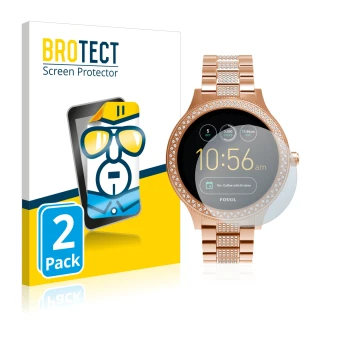 Parte frontal de un envase de producto con el logotipo de la marca BROTECT. Al lado se muestra el dispositivo Fossil Q Venture