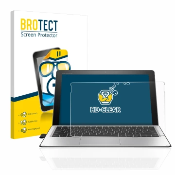 Parte frontal de un envase de producto con el logotipo de la marca BROTECT. Al lado se muestra el dispositivo HP Elite x2 1012