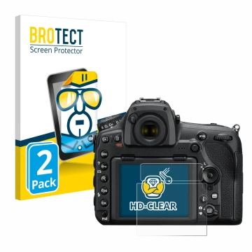 Parte frontal de un envase de producto con el logotipo de la marca BROTECT. Al lado se muestra el dispositivo Nikon D850 con s