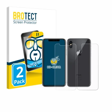 Parte frontal de un envase de producto con el logotipo de la marca BROTECT. Al lado se muestra el dispositivo Apple iPhone X (