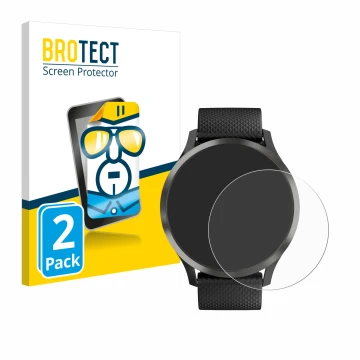 Parte frontal de un envase de producto con el logotipo de la marca BROTECT. Al lado se muestra el dispositivo Garmin vivomove 