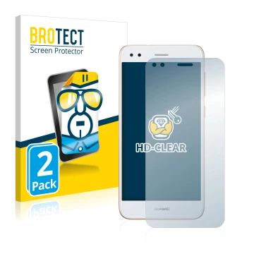 Parte frontal de un envase de producto con el logotipo de la marca BROTECT. Al lado se muestra el dispositivo Huawei P9 Lite M