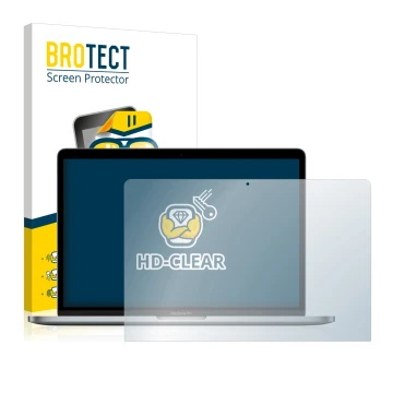 Parte frontal de un envase de producto con el logotipo de la marca BROTECT. Al lado se muestra el dispositivo Apple MacBook Pr