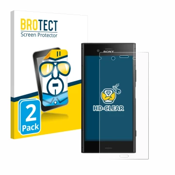 Parte frontal de un envase de producto con el logotipo de la marca BROTECT. Al lado se muestra el dispositivo Sony Xperia XZ1 