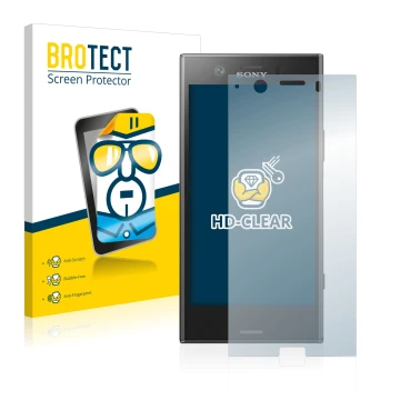 Parte frontal de un envase de producto con el logotipo de la marca BROTECT. Al lado se muestra el dispositivo Sony Xperia XZ1 