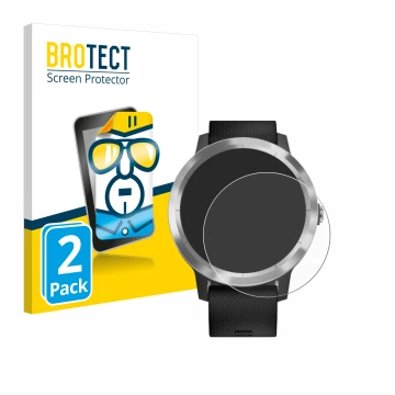 Parte frontal de un envase de producto con el logotipo de la marca BROTECT. Al lado se muestra el dispositivo Garmin vivoactiv