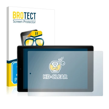 Parte frontal de un envase de producto con el logotipo de la marca BROTECT. Al lado se muestra el dispositivo Amazon Fire HD 1