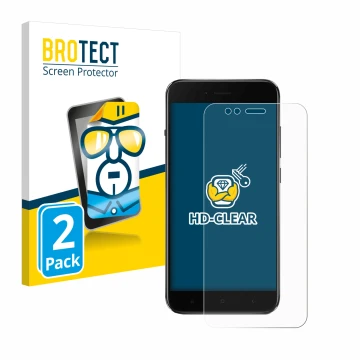 Parte frontal de un envase de producto con el logotipo de la marca BROTECT. Al lado se muestra el dispositivo Xiaomi Mi A1 con