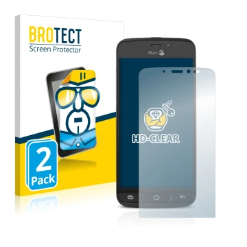 Parte frontal de un envase de producto con el logotipo de la marca BROTECT. Al lado se muestra el dispositivo Doro 8040 con su