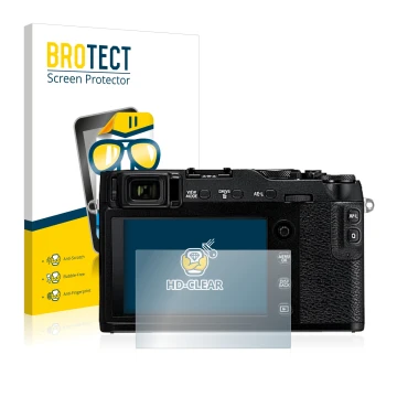 Parte frontal de un envase de producto con el logotipo de la marca BROTECT. Al lado se muestra el dispositivo Fujifilm X-E3 co