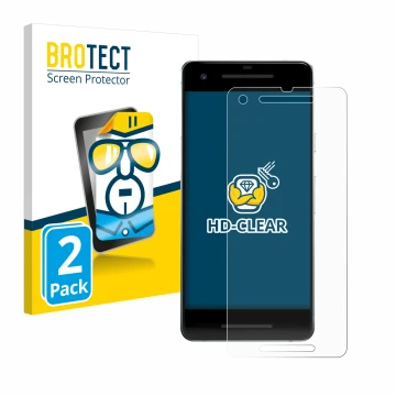 Parte frontal de un envase de producto con el logotipo de la marca BROTECT. Al lado se muestra el dispositivo Google Pixel 2 c