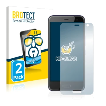 Parte frontal de un envase de producto con el logotipo de la marca BROTECT. Al lado se muestra el dispositivo HTC U11 Life con