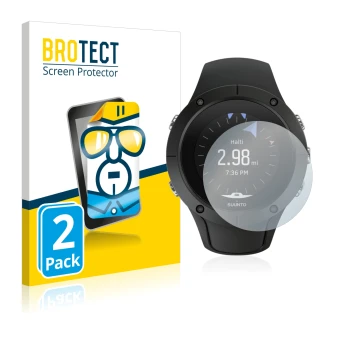 Parte frontal de un envase de producto con el logotipo de la marca BROTECT. Al lado se muestra el dispositivo Suunto Spartan T