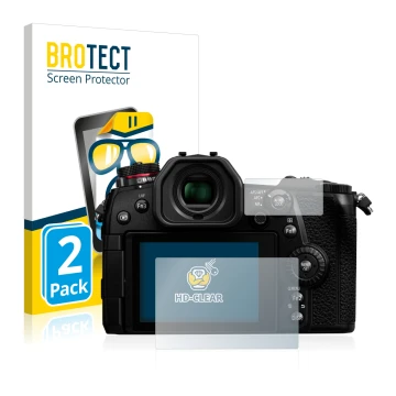 Parte frontal de un envase de producto con el logotipo de la marca BROTECT. Al lado se muestra el dispositivo Panasonic Lumix 