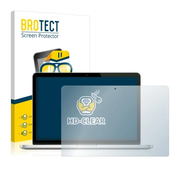 Parte frontal de un envase de producto con el logotipo de la marca BROTECT. Al lado se muestra el dispositivo Apple MacBook Pr
