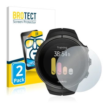 Parte frontal de un envase de producto con el logotipo de la marca BROTECT. Al lado se muestra el dispositivo Suunto Spartan U