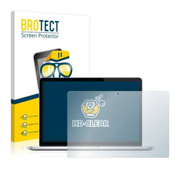 Parte frontal de un envase de producto con el logotipo de la marca BROTECT. Al lado se muestra el dispositivo Apple MacBook Pr