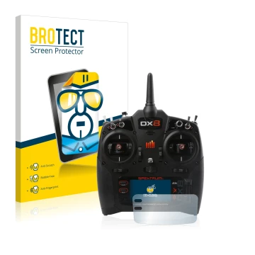 Parte frontal de un envase de producto con el logotipo de la marca BROTECT. Al lado se muestra el dispositivo Spektrum DX8 G2 