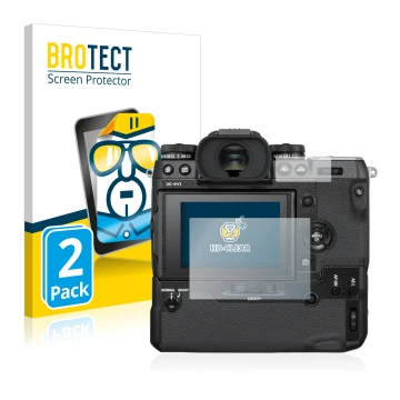 Parte frontal de un envase de producto con el logotipo de la marca BROTECT. Al lado se muestra el dispositivo Fujifilm X-H1 co