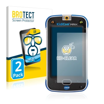 Parte frontal de un envase de producto con el logotipo de la marca BROTECT. Al lado se muestra el dispositivo Vtech Kidicom Ma