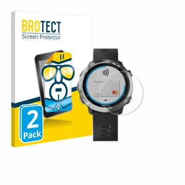Parte frontal de un envase de producto con el logotipo de la marca BROTECT. Al lado se muestra el dispositivo Garmin Forerunne