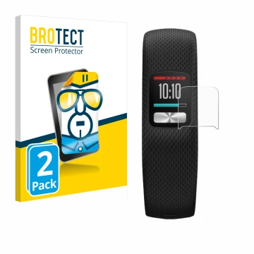 Parte frontal de un envase de producto con el logotipo de la marca BROTECT. Al lado se muestra el dispositivo Garmin Vivofit 4