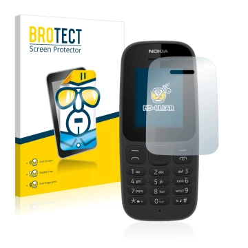 Parte frontal de un envase de producto con el logotipo de la marca BROTECT. Al lado se muestra el dispositivo Nokia 105 2017 c