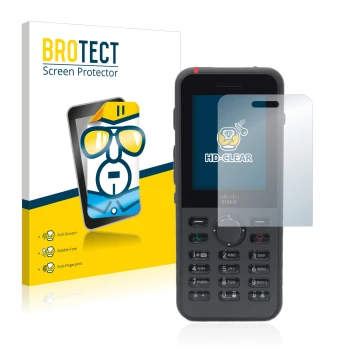 Parte frontal de un envase de producto con el logotipo de la marca BROTECT. Al lado se muestra el dispositivo Cisco IP Phone 8