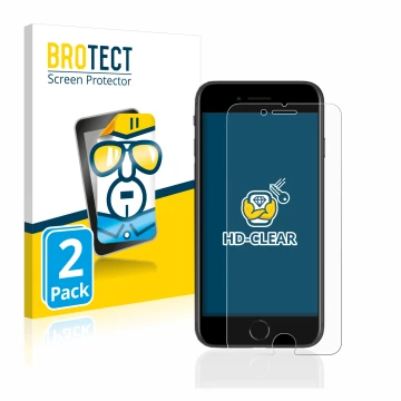 Parte frontal de un envase de producto con el logotipo de la marca BROTECT. Al lado se muestra el dispositivo Apple iPhone SE 