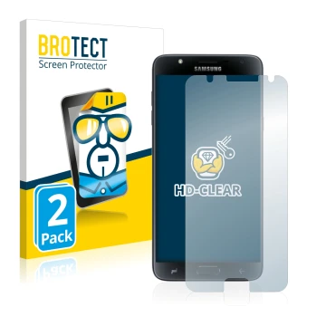Parte frontal de un envase de producto con el logotipo de la marca BROTECT. Al lado se muestra el dispositivo Samsung Galaxy J