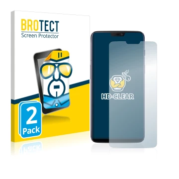 Parte frontal de un envase de producto con el logotipo de la marca BROTECT. Al lado se muestra el dispositivo OnePlus 6 con su