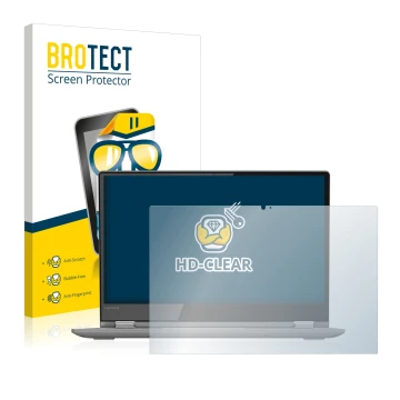 Parte frontal de un envase de producto con el logotipo de la marca BROTECT. Al lado se muestra el dispositivo Lenovo Yoga 530 