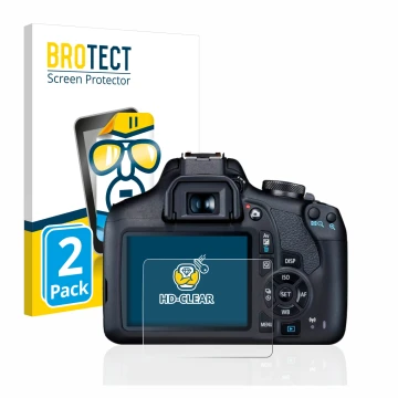 Parte frontal de un envase de producto con el logotipo de la marca BROTECT. Al lado se muestra el dispositivo Canon EOS 2000D 