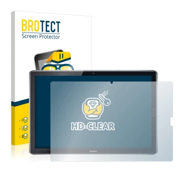 Parte frontal de un envase de producto con el logotipo de la marca BROTECT. Al lado se muestra el dispositivo Huawei MediaPad 