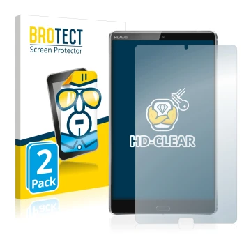 Parte frontal de un envase de producto con el logotipo de la marca BROTECT. Al lado se muestra el dispositivo Huawei MediaPad 