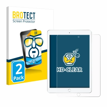 Parte frontal de un envase de producto con el logotipo de la marca BROTECT. Al lado se muestra el dispositivo Apple iPad 9.7