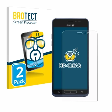 Parte frontal de un envase de producto con el logotipo de la marca BROTECT. Al lado se muestra el dispositivo Doro 8035 con su