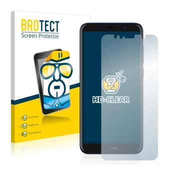 Parte frontal de un envase de producto con el logotipo de la marca BROTECT. Al lado se muestra el dispositivo Huawei Y6 2018 c