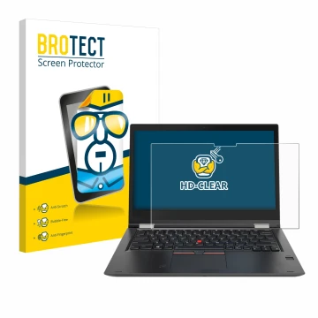 Parte frontal de un envase de producto con el logotipo de la marca BROTECT. Al lado se muestra el dispositivo Lenovo ThinkPad 