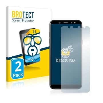 Parte frontal de un envase de producto con el logotipo de la marca BROTECT. Al lado se muestra el dispositivo Samsung Galaxy A