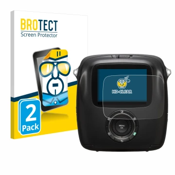 Parte frontal de un envase de producto con el logotipo de la marca BROTECT. Al lado se muestra el dispositivo Fujifilm Instax 