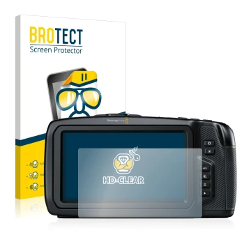 Parte frontal de un envase de producto con el logotipo de la marca BROTECT. Al lado se muestra el dispositivo Blackmagic Pocke