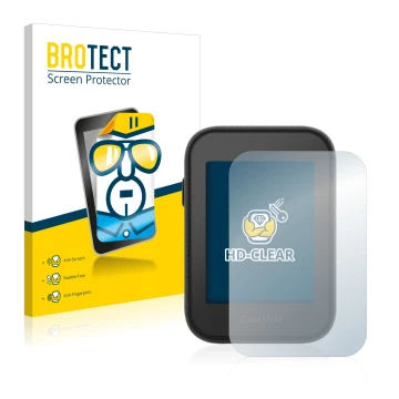 Parte frontal de un envase de producto con el logotipo de la marca BROTECT. Al lado se muestra el dispositivo Garmin Approach 