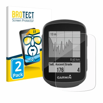 Parte frontal de un envase de producto con el logotipo de la marca BROTECT. Al lado se muestra el dispositivo Garmin Edge 130 
