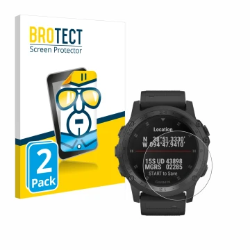 Parte frontal de un envase de producto con el logotipo de la marca BROTECT. Al lado se muestra el dispositivo Garmin Tactix Ch